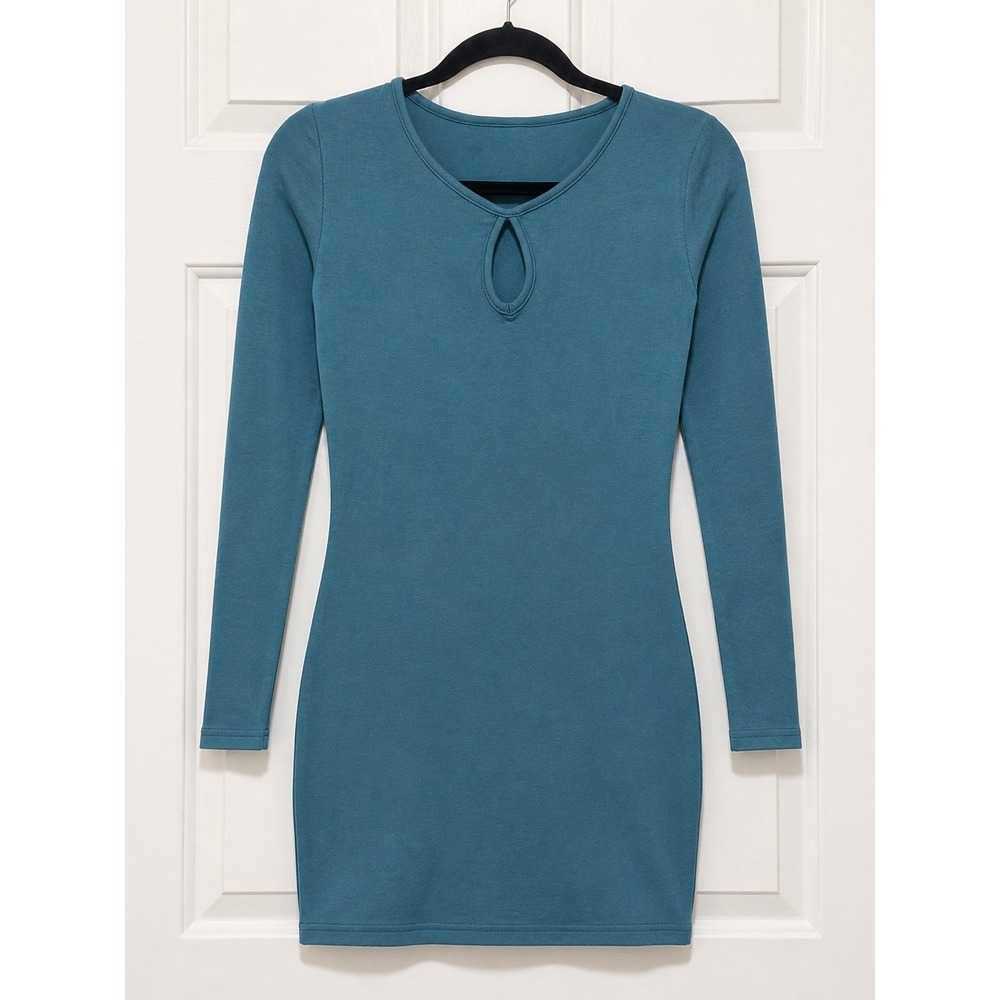 Womens Teal Ribbed Long Sleeve Keyhole Mini Dress Bodycon Stretch Knit L